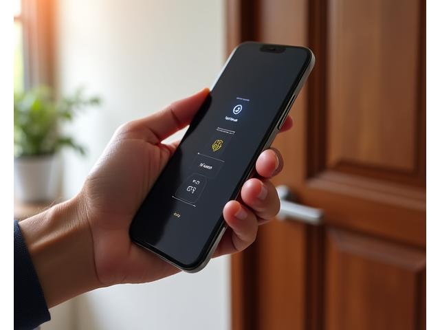 Smartphone displaying a sleek mobile app interface for controlling a smart door. The app shows options for locking/unlocking, checking status, and managing guest access, with a modern, intuitive design.